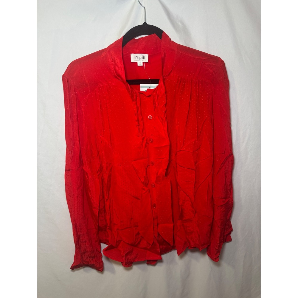 Red Swiss Dot Ruffle Blouse XL Romantic Coquette Holiday Tie Neck Tulip B NWT